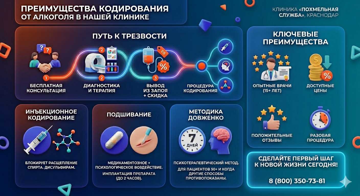 Инфографика о методах кодирования от алкоголя в Серпухове: инъекции, подшивание, метод Довженко. Преимущества клиники и этапы лечения.