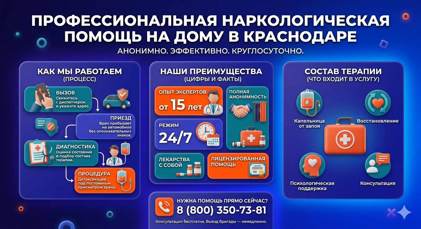 Инфографика о принципах лечения алкоголизма на дому в Серпухове: этапы вызова нарколога, преимущества анонимной детоксикации и состав медицинской помощи.